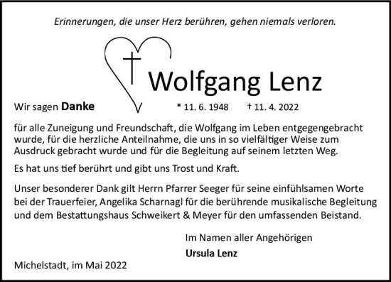 Traueranzeige von Wolfgang Lenz von vrm-trauer Odenwälder Echo