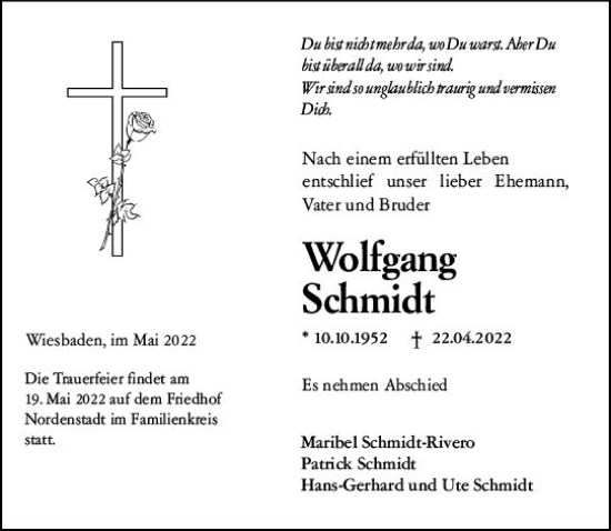 Traueranzeige von Wolfgang Schmidt von vrm-trauer Wiesbadener Kurier