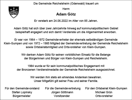 Traueranzeige von Adam Götz von vrm-trauer Odenwälder Echo