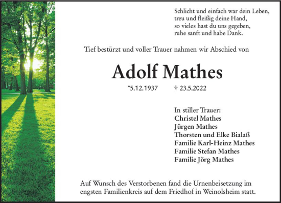 Traueranzeige von Adolf Mathes von vrm-trauer AZ Mainz
