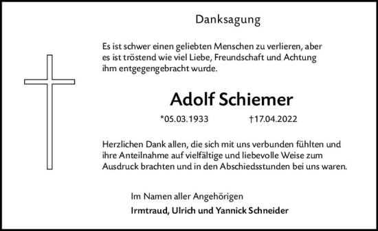 Traueranzeige von Adolf Schiemer von vrm-trauer Wormser Zeitung