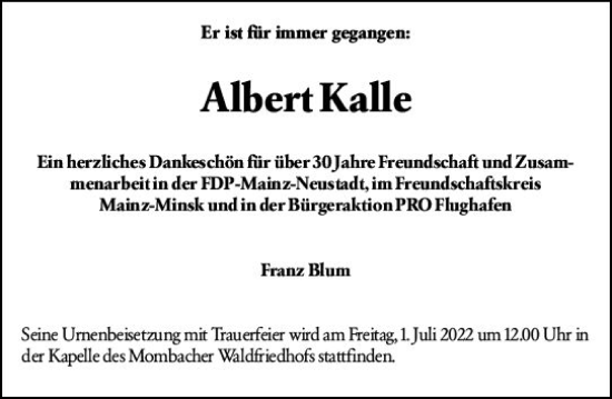 Traueranzeige von Albert Kalle von vrm-trauer AZ Mainz