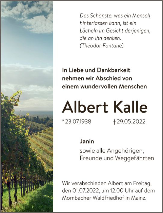 Traueranzeige von Albert Kalle von vrm-trauer AZ Mainz