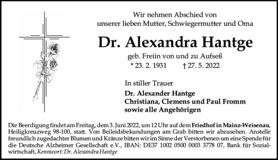 Traueranzeige von Alexandra Hantge von vrm-trauer AZ Mainz