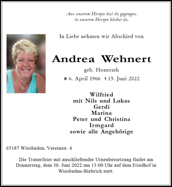 Traueranzeige von Andrea Wehnert von vrm-trauer Wiesbadener Kurier