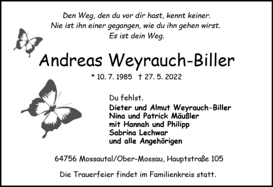 Traueranzeige von Andreas Weyrauch-Biller von vrm-trauer Odenwälder Echo