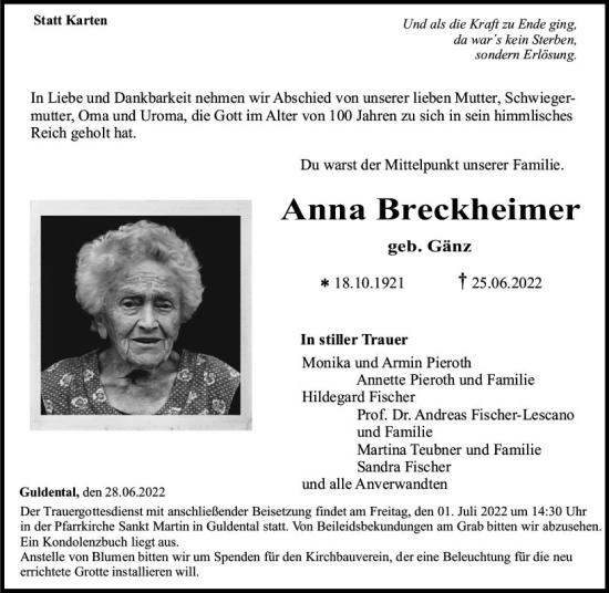 Traueranzeige von Anna Breckheimer von vrm-trauer Allg. Zeitung Bad Kreuznach