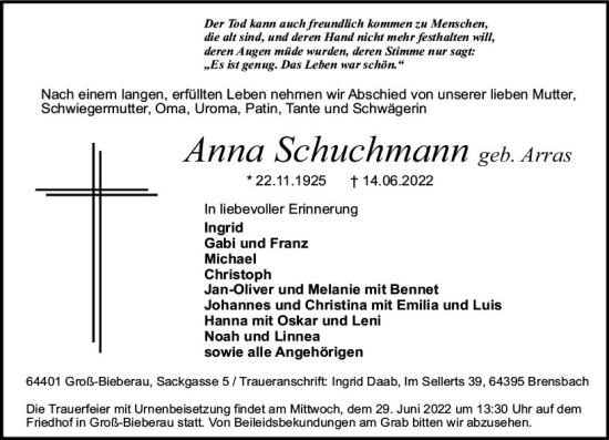 Traueranzeige von Anna Schuchmann von vrm-trauer Odenwälder Echo