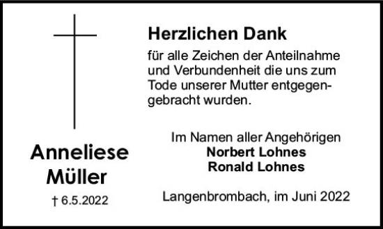Traueranzeige von Anneliese Müller von vrm-trauer Odenwälder Echo