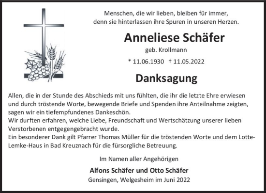 Traueranzeige von Anneliese Schäfer von vrm-trauer Allgemeine  Zeitung Ingelheim-Bingen