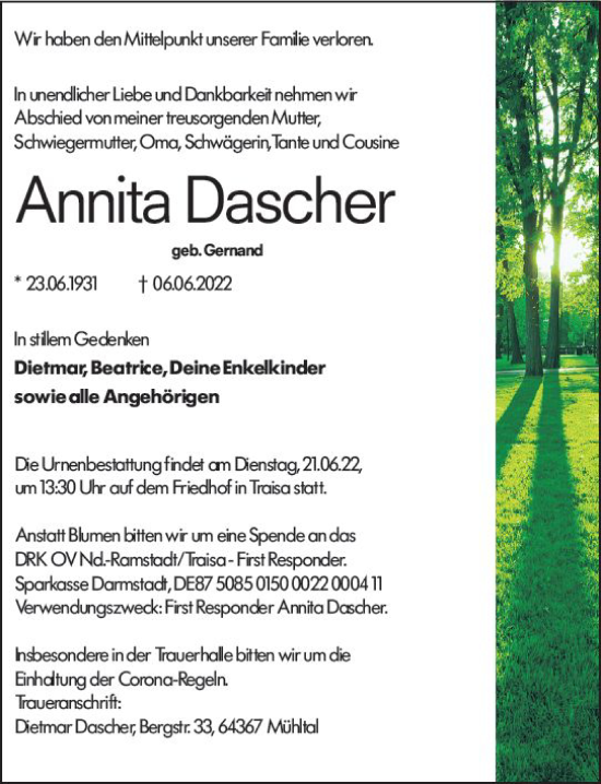 Traueranzeige von Annita Dascher von vrm-trauer Darmstädter Echo