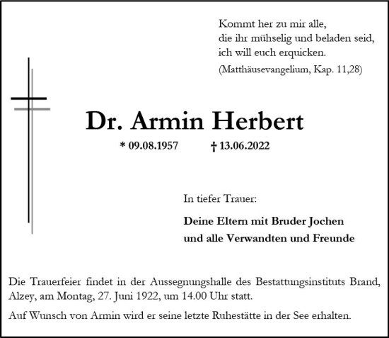 Traueranzeige von Armin Herbert von vrm-trauer Allgemeine Zeitung Alzey