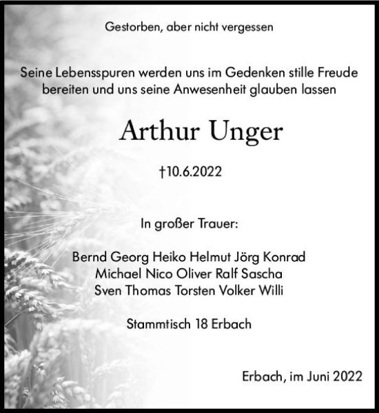 Traueranzeige von Arthur Unger von vrm-trauer Odenwälder Echo