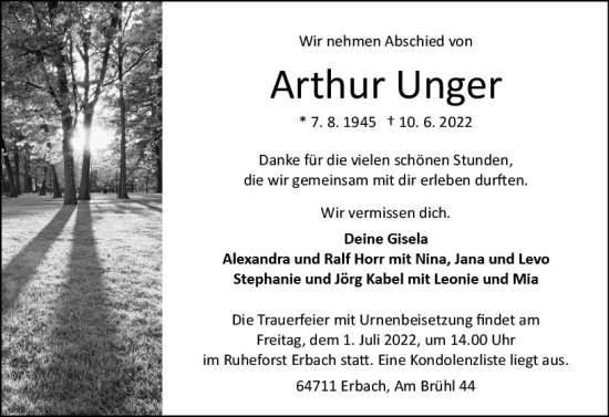 Traueranzeige von Arthur Unger von vrm-trauer Odenwälder Echo