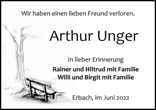 Traueranzeige von Arthur Unger von vrm-trauer Odenwälder Echo