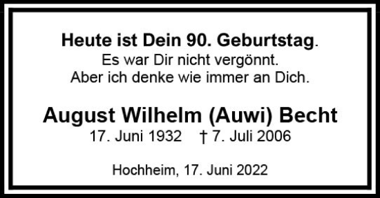 Traueranzeige von August Wilhelm Becht von vrm-trauer Hochheimer Zeitung