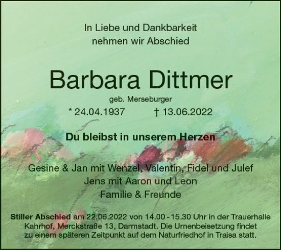 Traueranzeige von Barbara Dittmer von vrm-trauer Darmstädter Echo