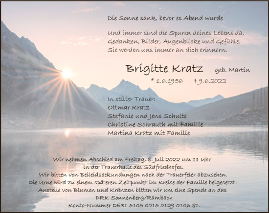 Traueranzeige von Brigitte Kratz von vrm-trauer Wiesbadener Kurier