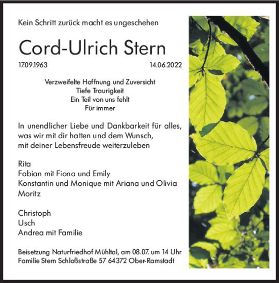 Traueranzeige von Cord-Ulrich Stern von vrm-trauer Wiesbadener Kurier
