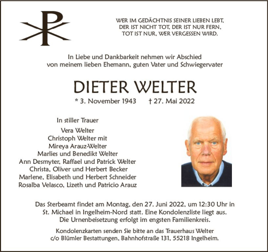 Traueranzeige von Dieter Welter von vrm-trauer Allgemeine  Zeitung Ingelheim-Bingen