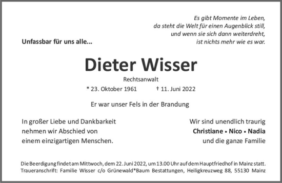 Traueranzeige von Dieter Wisser von vrm-trauer Allgemeine  Zeitung Ingelheim-Bingen
