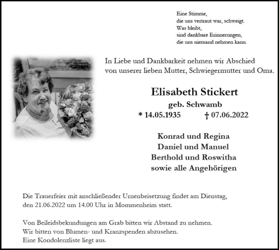 Traueranzeige von Elisabeth Stickert von vrm-trauer AZ Mainz