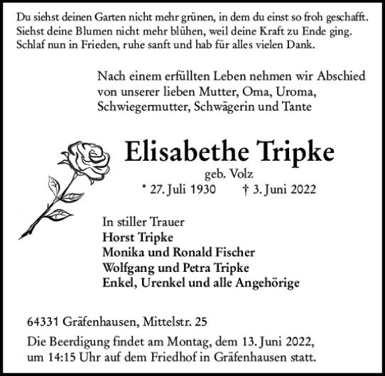 Traueranzeige von Elisabethe Tripke von vrm-trauer Darmstädter Echo