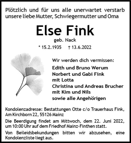 Traueranzeige von Else Fink von vrm-trauer AZ Mainz