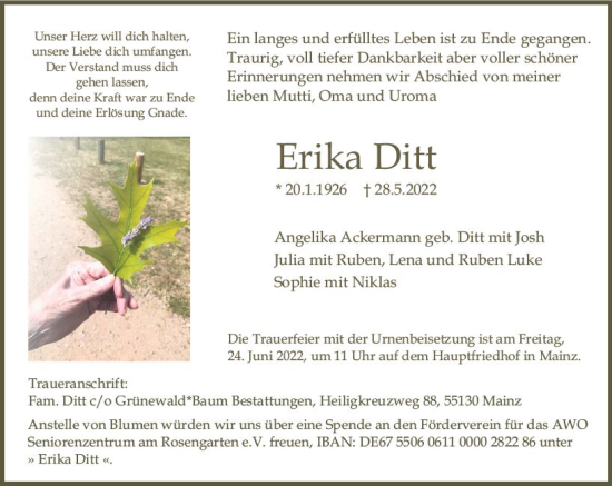 Traueranzeige von Erika Ditt von vrm-trauer AZ Mainz
