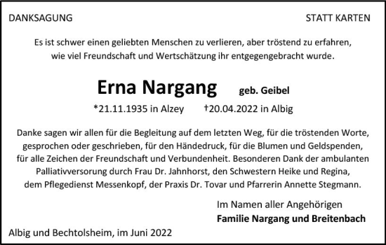 Traueranzeige von Erna Nargang von vrm-trauer Allgemeine Zeitung Alzey