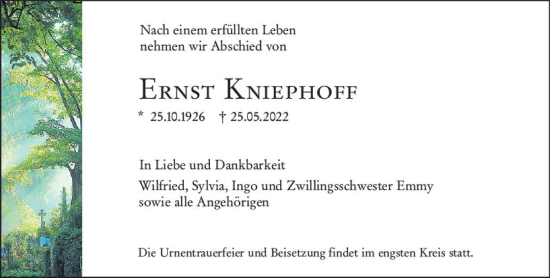 Traueranzeige von Ernst Kniephoff von vrm-trauer Wiesbadener Kurier