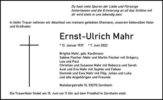 Traueranzeige von Ernst-Ulrich Mahr von vrm-trauer AZ Mainz