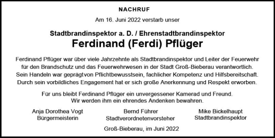 Traueranzeige von Ferdinand Pflüger von vrm-trauer Darmstädter Echo