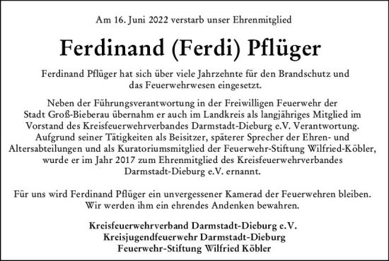 Traueranzeige von Ferdinand Pflüger von vrm-trauer Darmstädter Echo