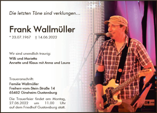 Traueranzeige von Frank Wallmüller von vrm-trauer AZ Mainz
