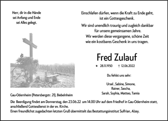 Traueranzeige von Fred Zulauf von vrm-trauer Allgemeine Zeitung Alzey