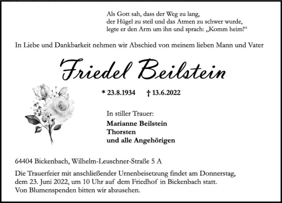 Traueranzeige von Friedel Beilstein von vrm-trauer Darmstädter Echo