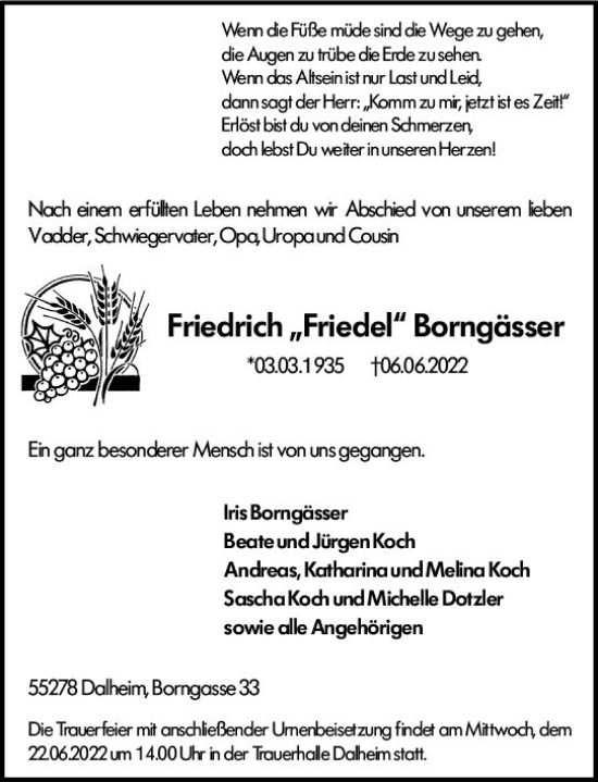Traueranzeige von Friedrich Borngässer von vrm-trauer AZ Mainz