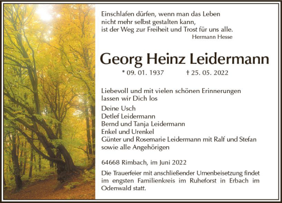 Traueranzeige von Georg Heinz Leidermann von vrm-trauer Odenwälder Echo