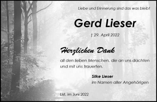 Traueranzeige von Gerd Lieser von vrm-trauer Wiesbadener Kurier