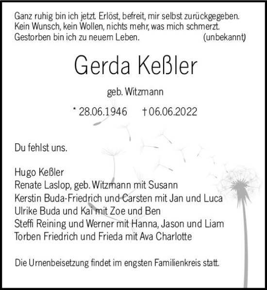 Traueranzeige von Gerda Keßler von vrm-trauer Rüsselsheimer Echo / MainSpitze