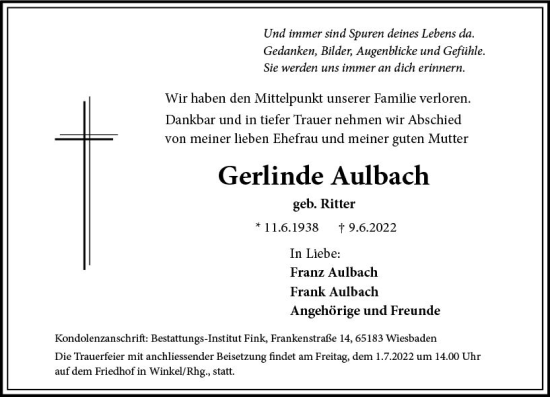 Traueranzeige von Gerlinde Aulbach von vrm-trauer Wiesbadener Kurier