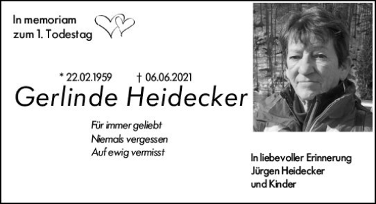 Traueranzeige von Gerlinde Heidecker von vrm-trauer AZ Mainz