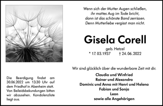 Traueranzeige von Gisela Corell von vrm-trauer Wormser Zeitung
