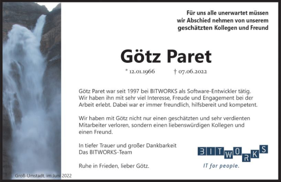 Traueranzeige von Götz Paret von vrm-trauer Darmstädter Echo
