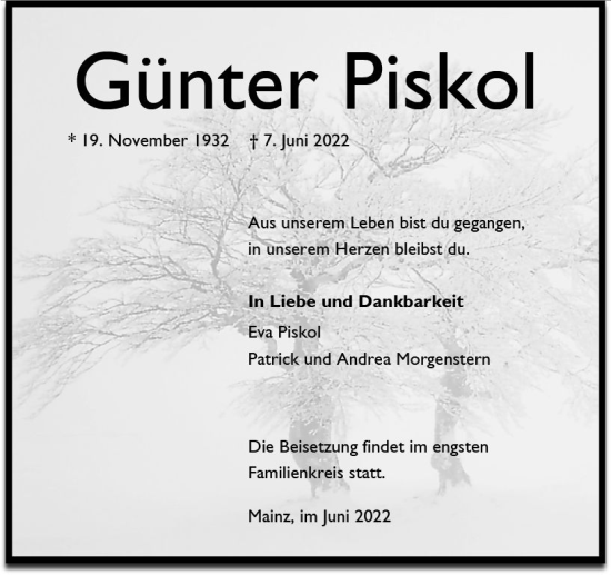 Traueranzeige von Günter Piskol von vrm-trauer AZ Mainz
