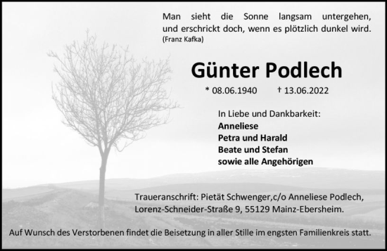 Traueranzeige von Günter Podlech von vrm-trauer AZ Mainz