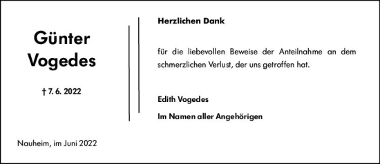 Traueranzeige von Günter Vogedes von vrm-trauer Rüsselsheimer Echo / MainSpitze