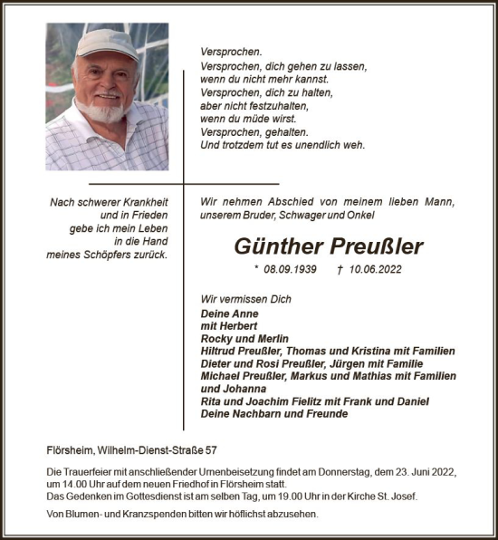 Traueranzeige von Günther Preußler von vrm-trauer Rüsselsheimer Echo / MainSpitze