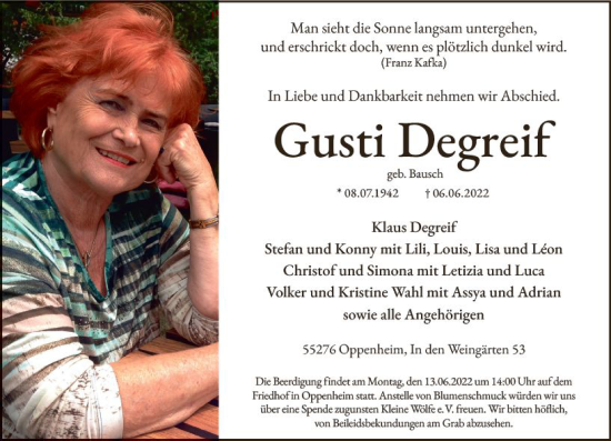 Traueranzeige von Gusti Degreif von vrm-trauer AZ Mainz